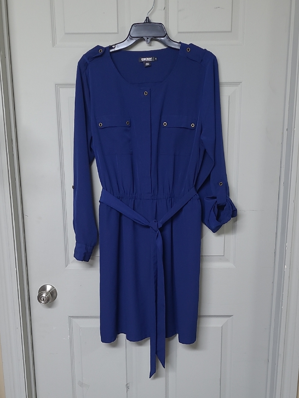DKNY Cobalt Blue Dress Long Sleeve Utility Style Self Tie Belt 16 Like New